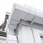 Cleaned white plastic pvc gutters and drain pipes that were blocked and full of green mould on the plastic fascias.  Blocked drains and guttering need window cleaners and regular maintenance for good drainage.